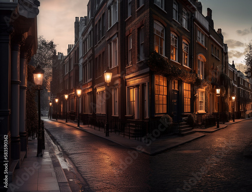 Old London at sunset, street corner with lit lampposts, illustration created with Generative AI technology