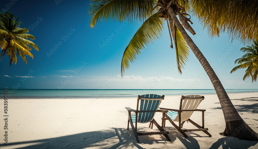 Amazing tropical landscape- Summer scene with lounge chairs and palm trees on white sandy beach background with sea view, Generative Ai