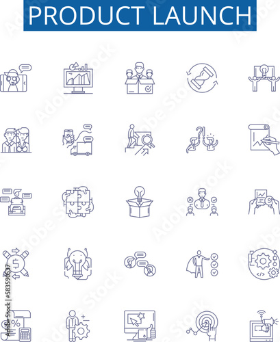 Product launch line icons signs set. Design collection of Launch, Product, Introduction, Rollout, Unveiling, Release, Debut, Proclamation outline concept vector illustrations