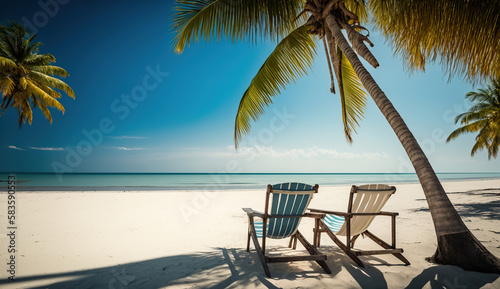 Amazing tropical landscape- Summer scene with lounge chairs and palm trees on white sandy beach background with sea view, Generative Ai © coco