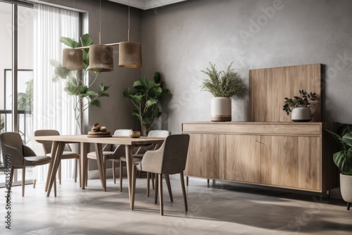 Mockup of a dining area featuring a cupboard, a plant, an object, and a gray dining table. Generative AI