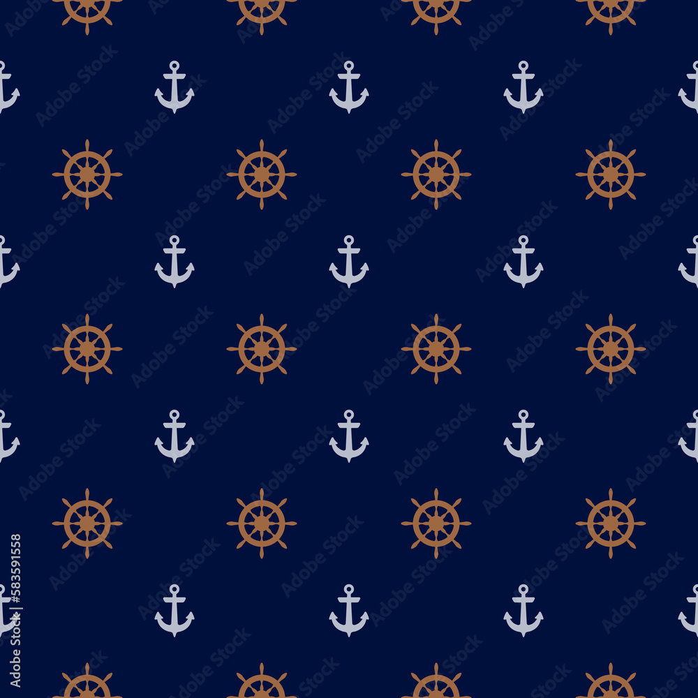 Yacht boat anchor and steering wheel, vessel helm vector seamless pattern marine graphic design.