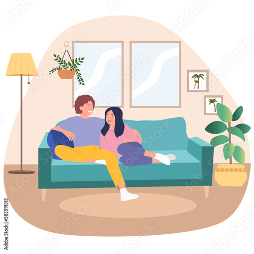 adorable couple lying on sofa. relaxing couple scene. daily life of cute happy couple in a living room with windows, plants, paintings, lamp. romantic couple relationship in flat vector illustration