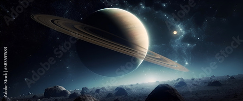 Saturn planet with rings in outer space among stardust and stars, Titan moon