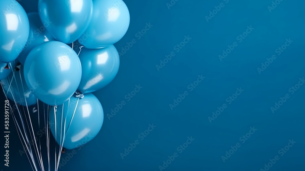 Blue helium balloons on blue background with copy space. Decoration for ...