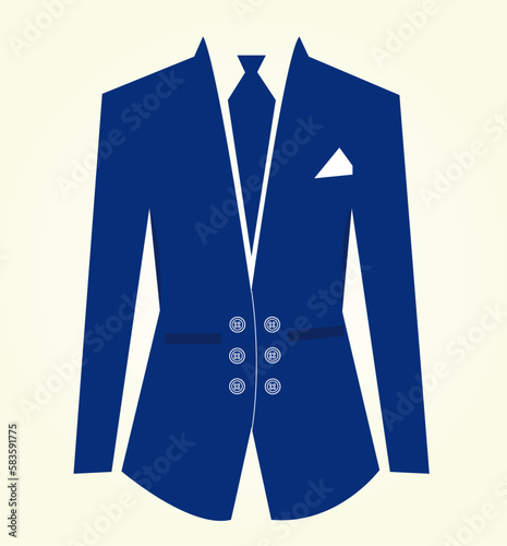 Vector of men blue coat and tie with pockets,  and buttons. Long sleeves coat with a handkerchief. Man business suit, wedding coat or formal coat for celebration