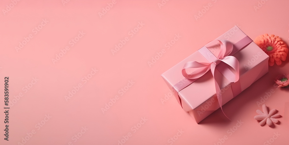 Valentine's Day and Mother's Day design background with pink flower and gift on light pink background Valentine's Day and Mother's Day design background with pink flower and gift on light pink background