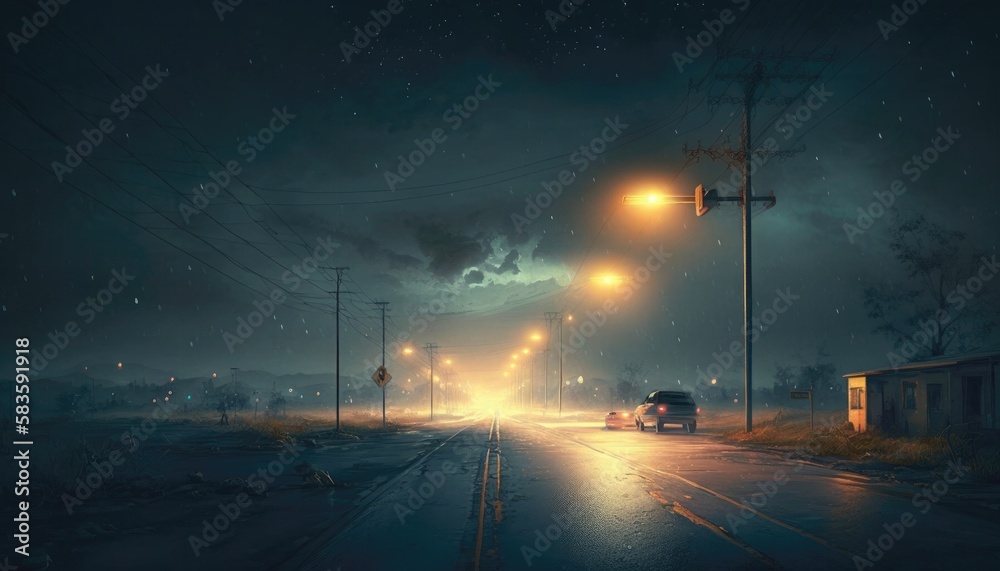 Streetlights Illuminate Deserted Roads Desktop Wallpaper. Generative AI
