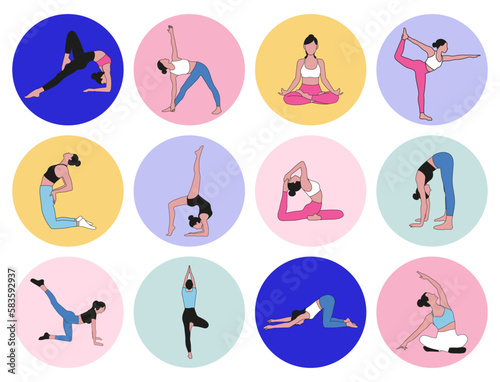 12 girls icons doing sport yoga pilates in yellow pink blue purple circles in white pink blue black clothes on white background for apps banners stickers 