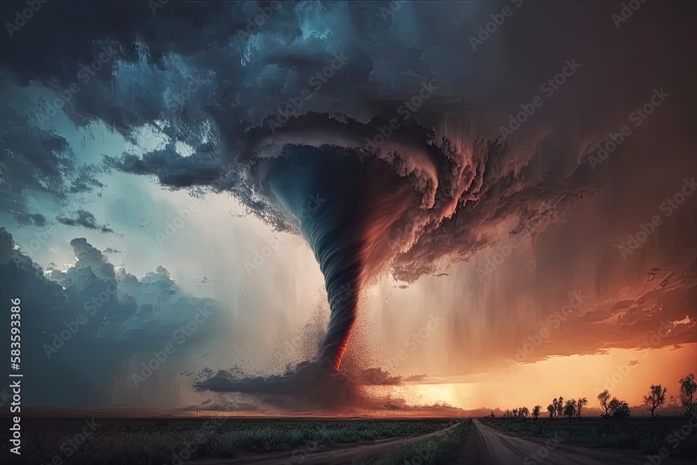 Towering vortex and swirling winds of powerful tornado create awe-inspiring and dramatic image, generated by AI.