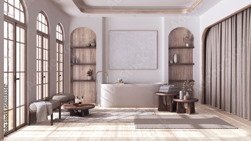 Bathroom in boho style with arched windows and parquet. Freestanding bathtub, carpet and side tables in bleached and beige tones. Japandi wooden interior design