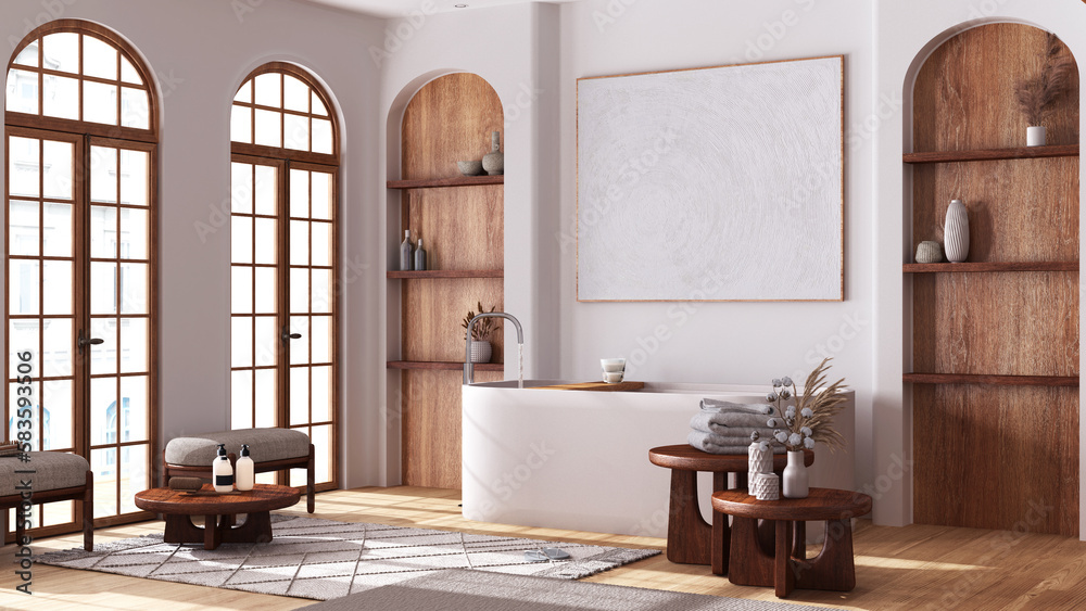 Modern wooden bathroom with parquet and arched windows. Freestanding bathtub, carpets and armchairs in white and beige tones. Boho style interior design
