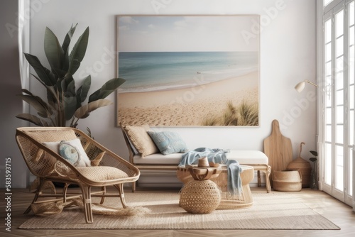 Interior in a bohemian coastal style, wall mockup,. Generative AI photo