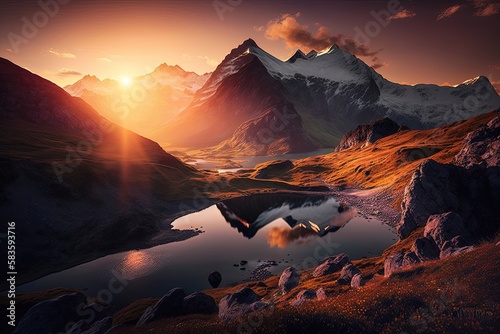 The sun rising over a rugged mountain landscape, with the peaks casting long shadows and the colors of the sky reflecting. Generated by AI © Svitlana
