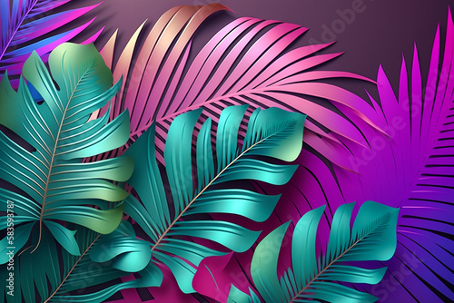 Palm leaves with neon effect. Generative AI