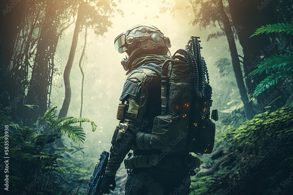 A highly-skilled and well-equipped elite soldier maneuvers through dense jungle foliage with stealth and precision. Generated by AI