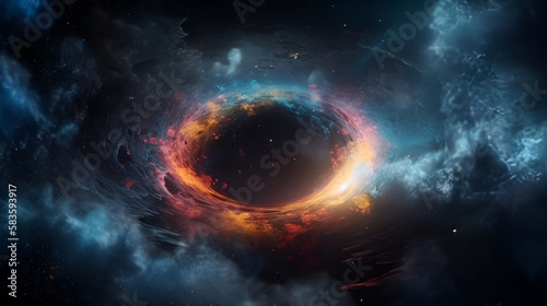 Black hole over star field in outer space, abstract space wallpaper, and sparks of light with copy space.