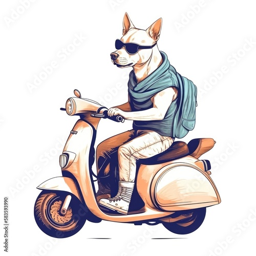 Pitbull dog with sunglasses riding a Vespa moto Generative AI Illustration © SVasco