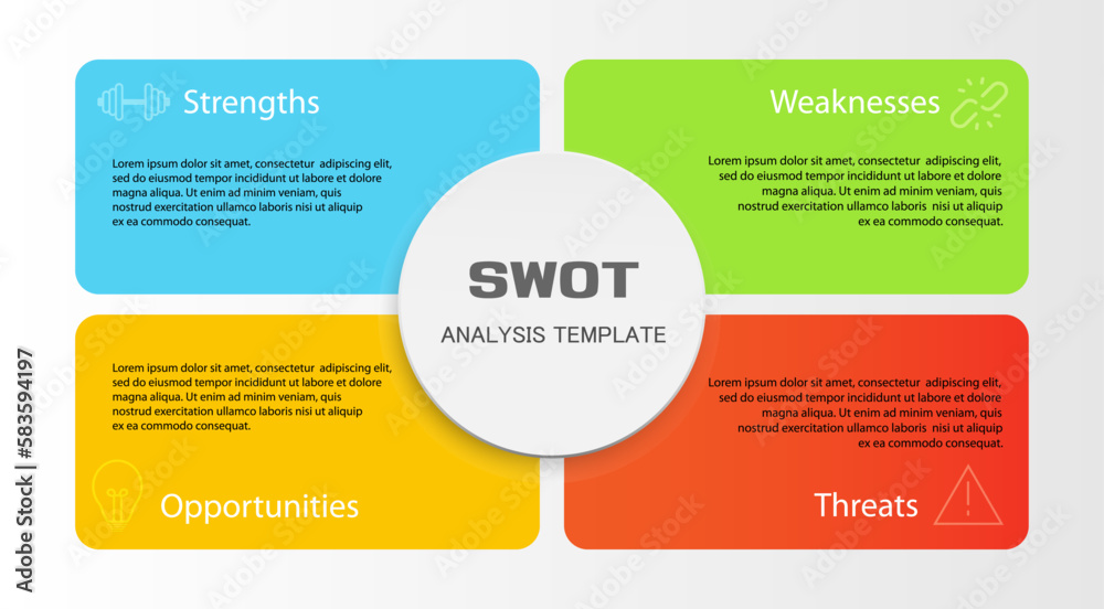 Swot infographic analysis template. Background with icon and Four colorful elements. Vector illustration