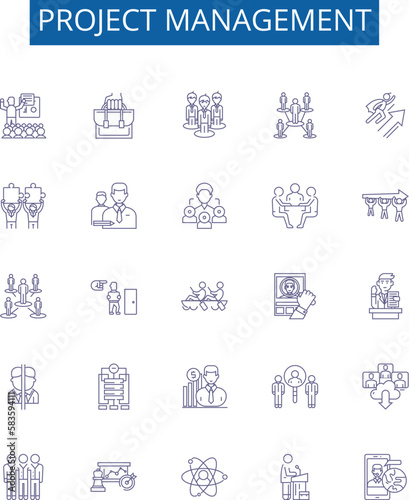 Project management line icons signs set. Design collection of Project, Management, Planning, Scheduling, Organizing, Executing, Controlling, Decision making outline concept vector illustrations
