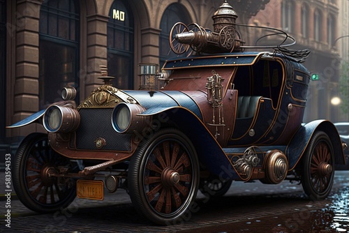 A retro-styled car with a steampunk twist, featuring an old-fashioned wooden exterior. Generated by AI