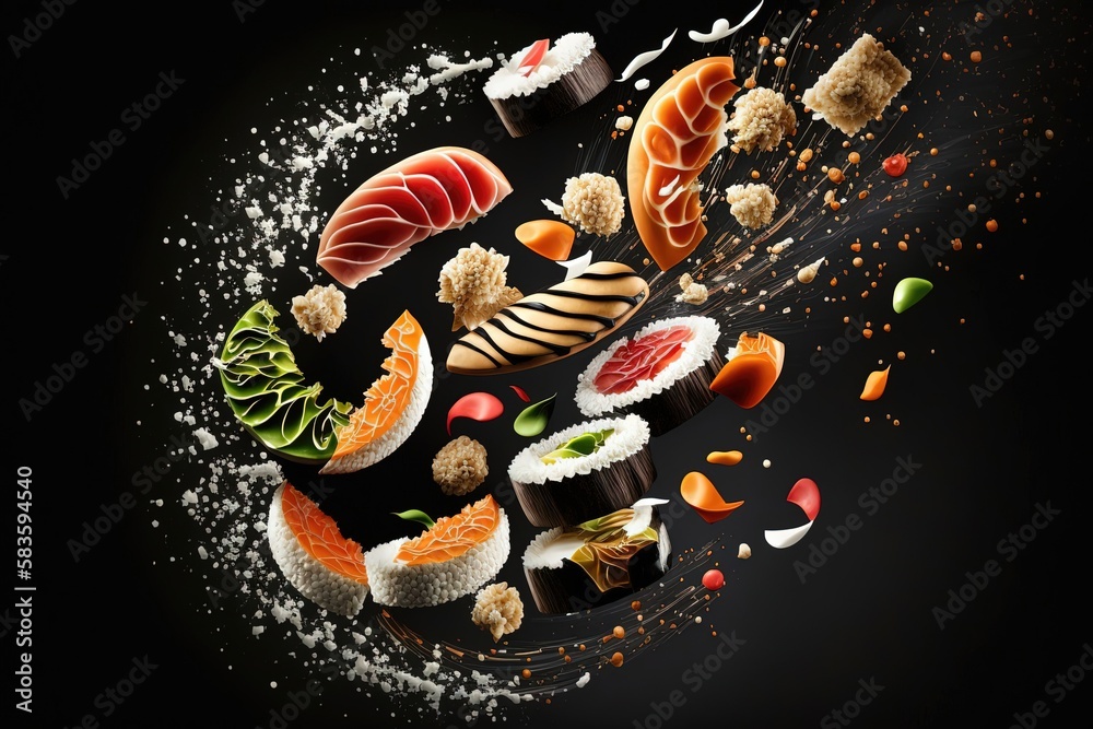 An artistic and abstract portrayal of sushi and rolls, floating in the air like delicate works of art. Generated by AI