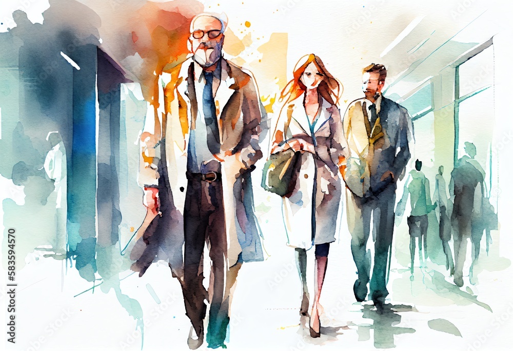 Naklejka premium Watercolor Illustration of a Health And Medical Concept. Medicine Doctor And Patients Come To Hospital Background Illustration. Generative AI