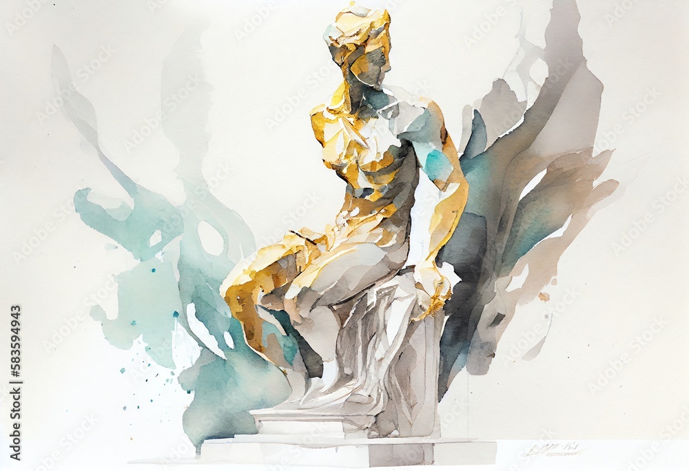 Obraz premium Watercolor Illustration of a Marble And Gold Abstract Statue. Modern Sculpture. Designed Using. Generative AI