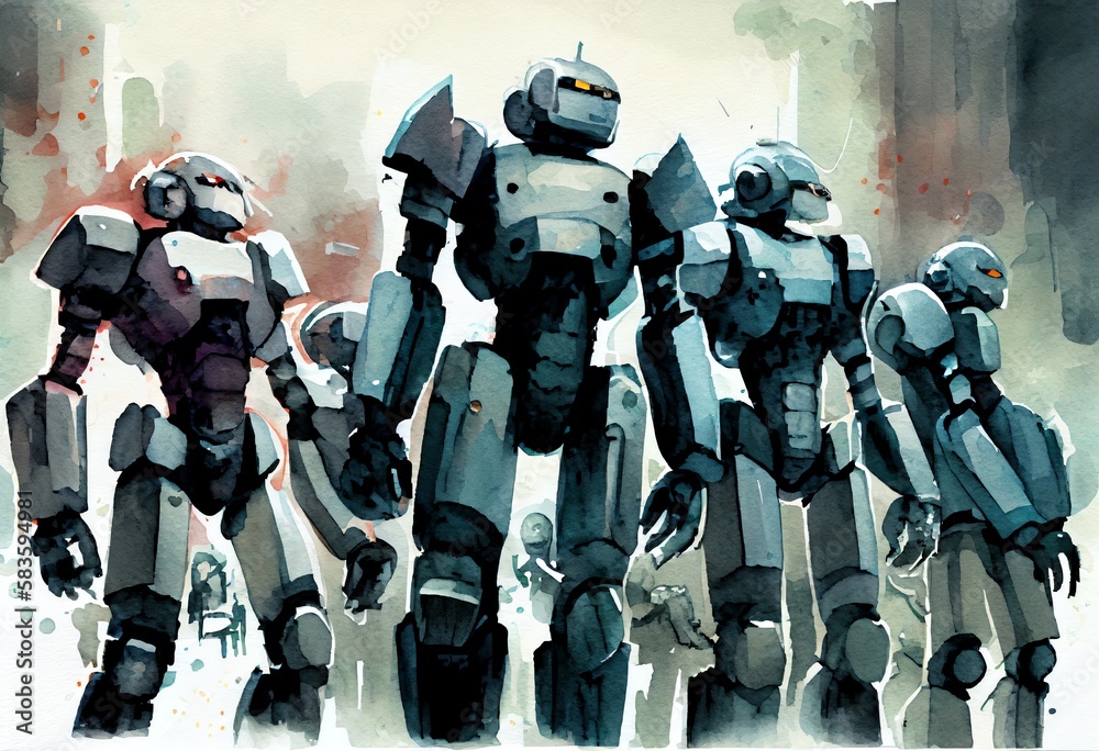 Watercolor Illustration of a Mass Production Of Humanoid Robots, Poster ...