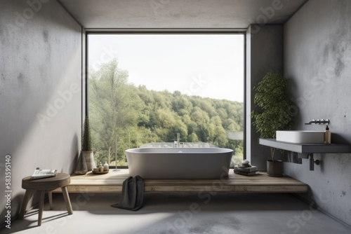 Interior of bathroom with bathtub and faucet on a grey concrete podium with a view of the surrounding countryside. In the corner  a towel covered table. gray wall with a canvas copy space . Generative