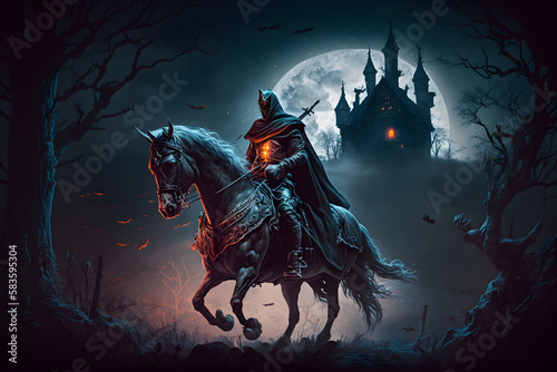 Medieval knight with horse at night. Generative AI