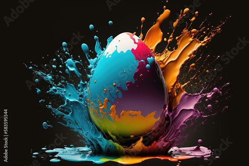 Eggs with bright and colorful splatters of paint, creating a playful and vibrant visual effect. Generative AI