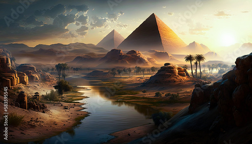 Ancient Egypt with pyramids and architecture in the river Nile valley. Desert landscape at sunset. Generative Ai