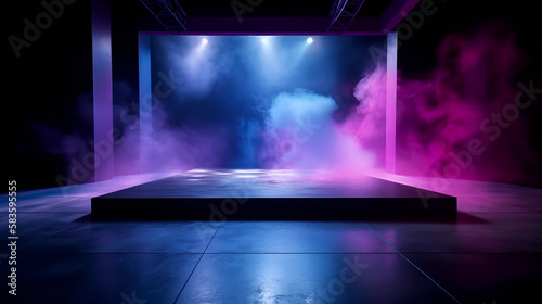 The asphalt floor and studio room with blue and pink smoke float up the interior texture for display products