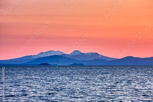 Fototapeta Naklejka Na Ścianę i Meble -  Lake Taupo, Mt Ruapehu silhouetted in background