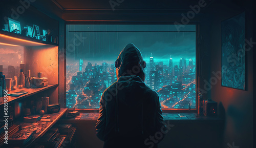 Futuristic apartment with faceless old man, a black hoodie and joggers and with a view of a futuristic, Generative Ai