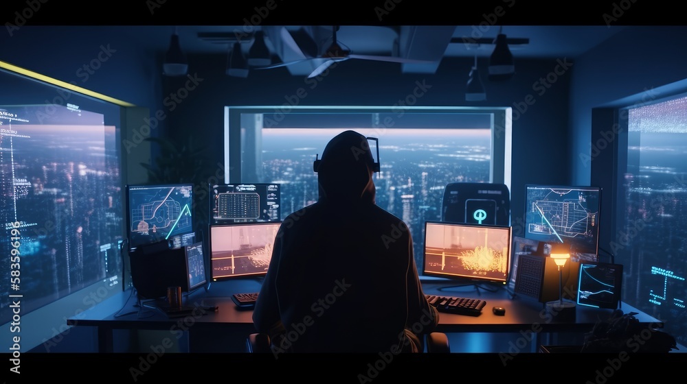 Silhouette of a crypto trader in a dark room. Generative AI Silhouette of a crypto trader in a dark room. Generative AI