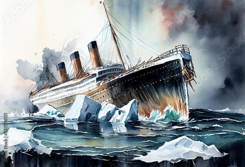 Watercolor Illustration of a Titanic Wreck As A Result Of A Collision With An Iceberg In The Atlantic Ocean. Generative AI photo