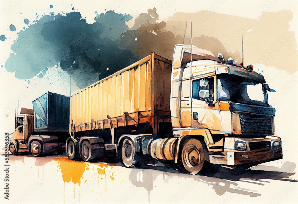 Watercolor Illustration of a Trucks With Cargo. Generative AI