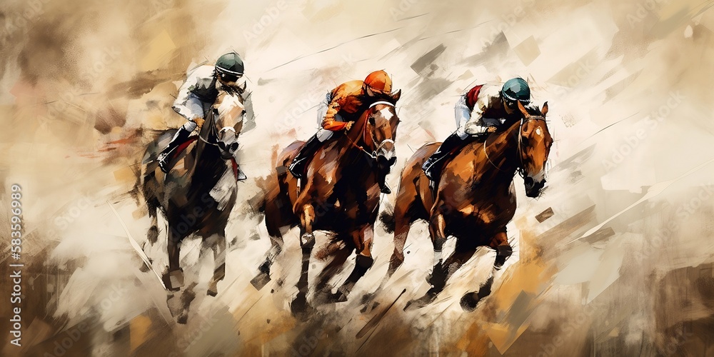 courses hippique, chevaux et jockey stylisé en peinture moderne - illustration ia - obrazy, fototapety, plakaty 