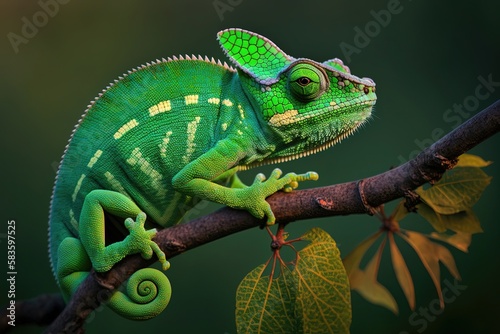 Perched on a branch, a chameleon blends in with its surroundings in a captivating and visually striking display of camouflage, evoking a sense of natural wonder and intrigue. AI.
