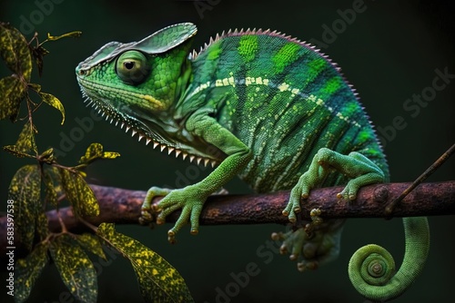 Chameleon perched on a branch, blending in with its surroundings. Generative AI