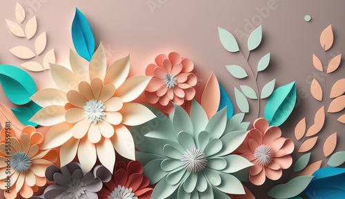 3D style  background from multi-layered paper application  flowers  twigs  petals. ai generation