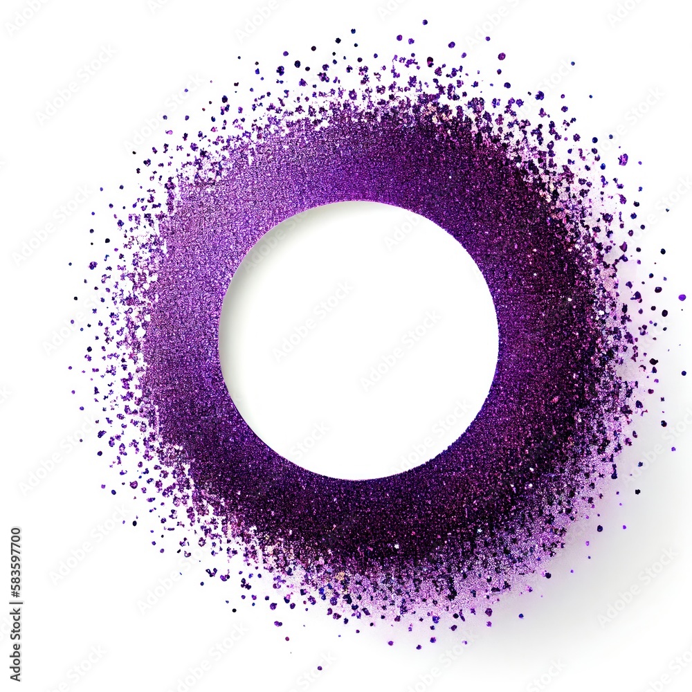 Purple glitter swirling particles on circle frame isolated on white background. Violet color abstract shiny dust. Ai generated circle frame design. Purple glitter swirling particles on circle frame isolated on white background. Violet color abstract shiny dust. Ai generated circle frame design.