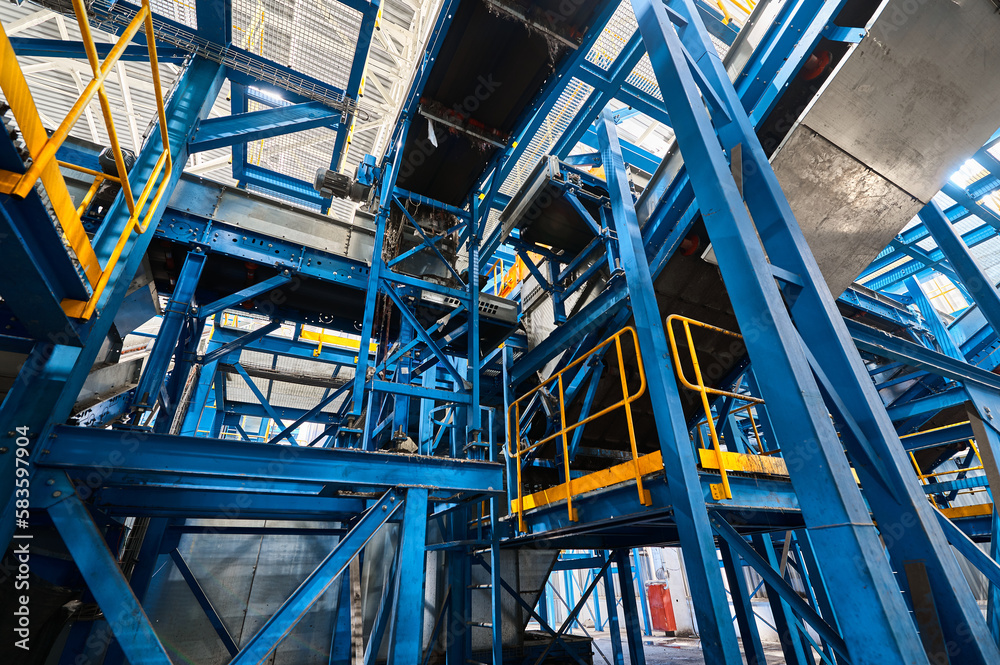Conveyor belt transports sorted litter at recycling plant Conveyor belt transports sorted litter at recycling plant