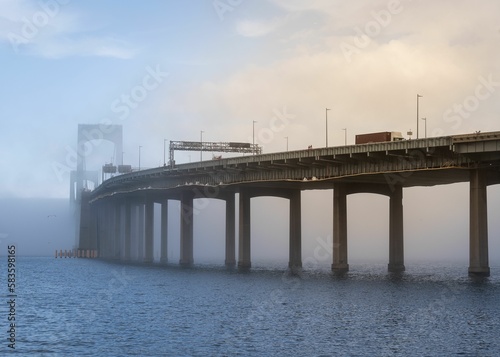 Picturesque view of Throgs Neck Bridge covered with fog in NYC photo