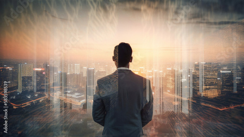 The double exposure image of the business man standing in front of technology city (ai generated)