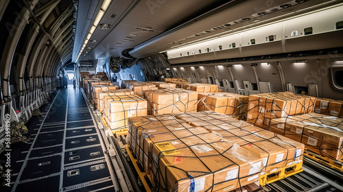 Efficient Air Cargo Transportation, Packages and Boxes Inside Large Transport Plane, Generative AI