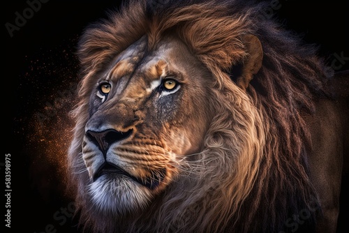 A close-up view of a lion s face  showing its majestic features and powerful presence  creates a visually captivating and awe-inspiring image that evokes a sense of strength and beauty. AI.
