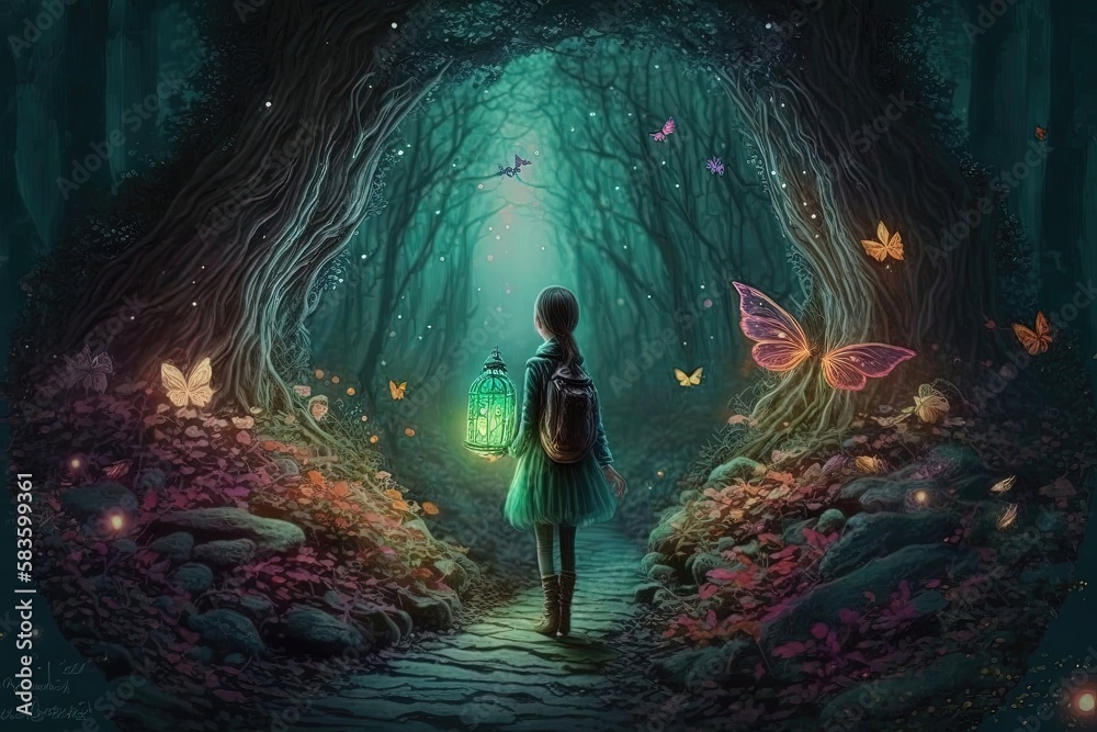 A young girl in a magical forest surrounded by glowing fireflies. The forest is filled with tall trees and lush greenery, creating a mystical and enchanting atmosphere. Generative AI